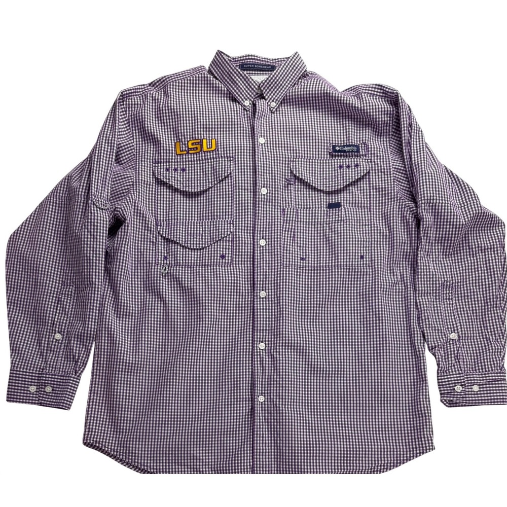 Columbia‎ PFG Super Bonehead LSU Tigers Fishing Shirt Mens Medium Purple Gingham